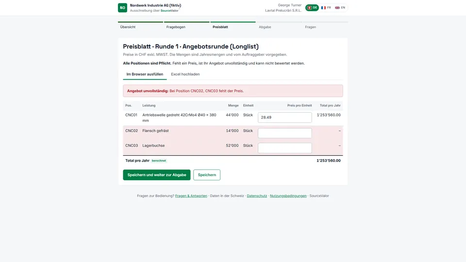 Lieferanten-Portal: der Lieferant gibt sein Angebot für die Ausschreibung online ab.